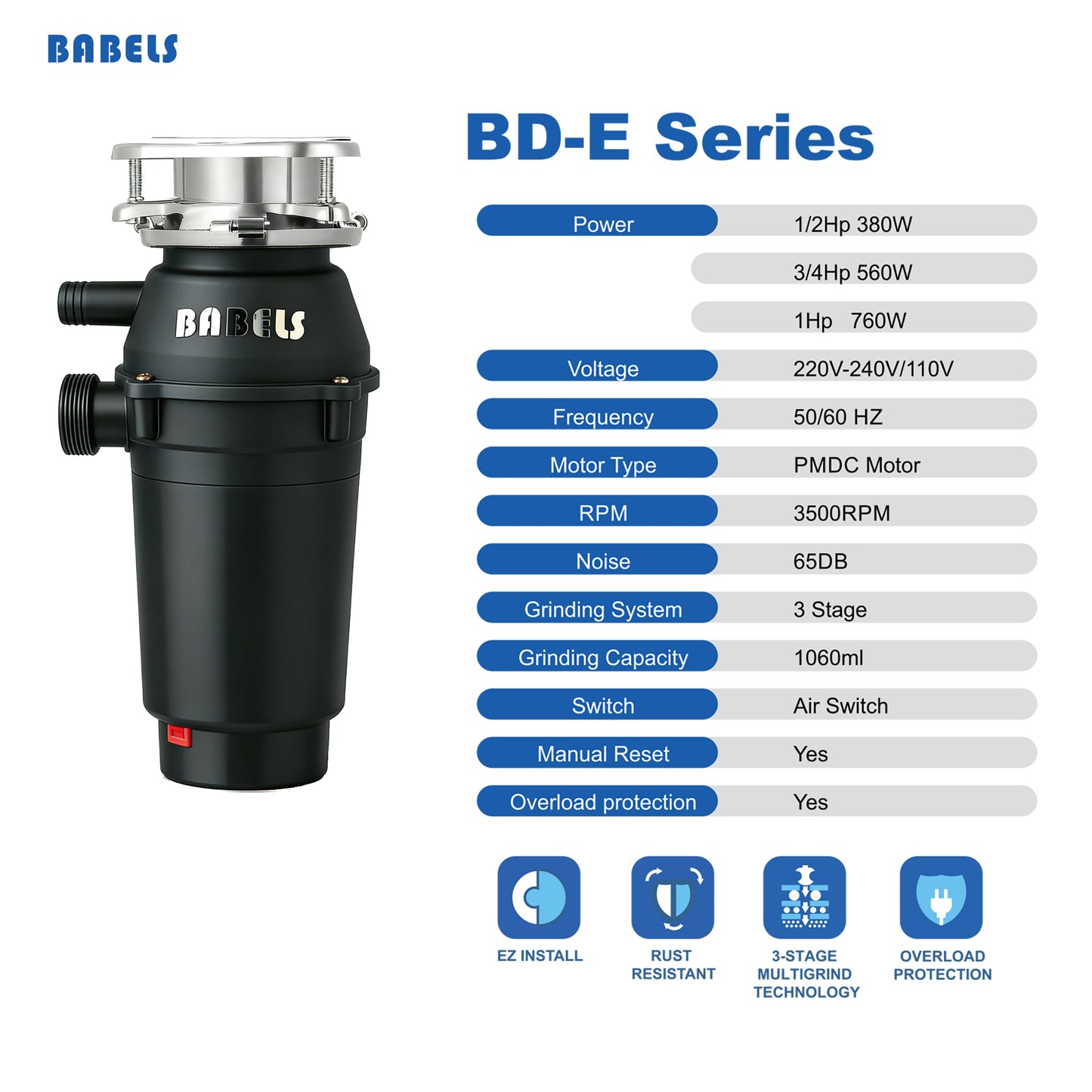 1HP Stainless Steel Home Use Food Waste Disposal Grinding System BD-E75